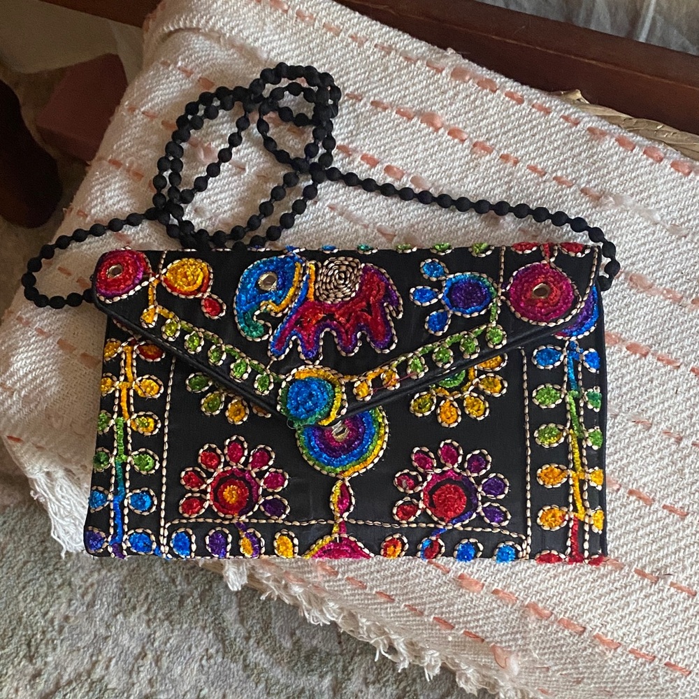 Embroidered Black Clutch with Multicolor Accents